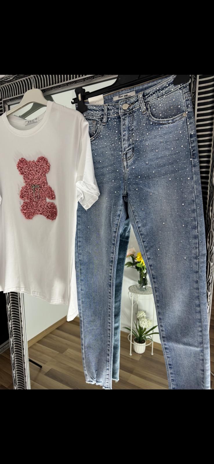 Blugi Skinny cu talie medie și aplicații strălucitoare - current